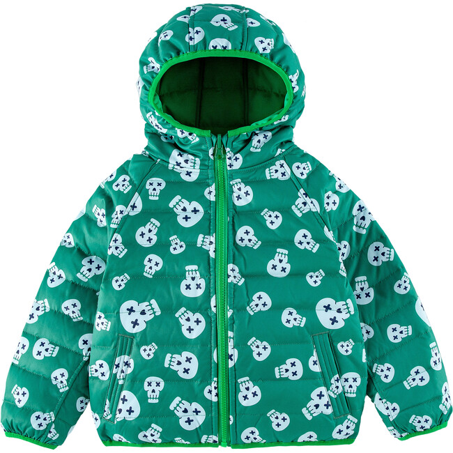 Ryan Reversible Puffer Hood Zipper Down Jacket, Green Skull