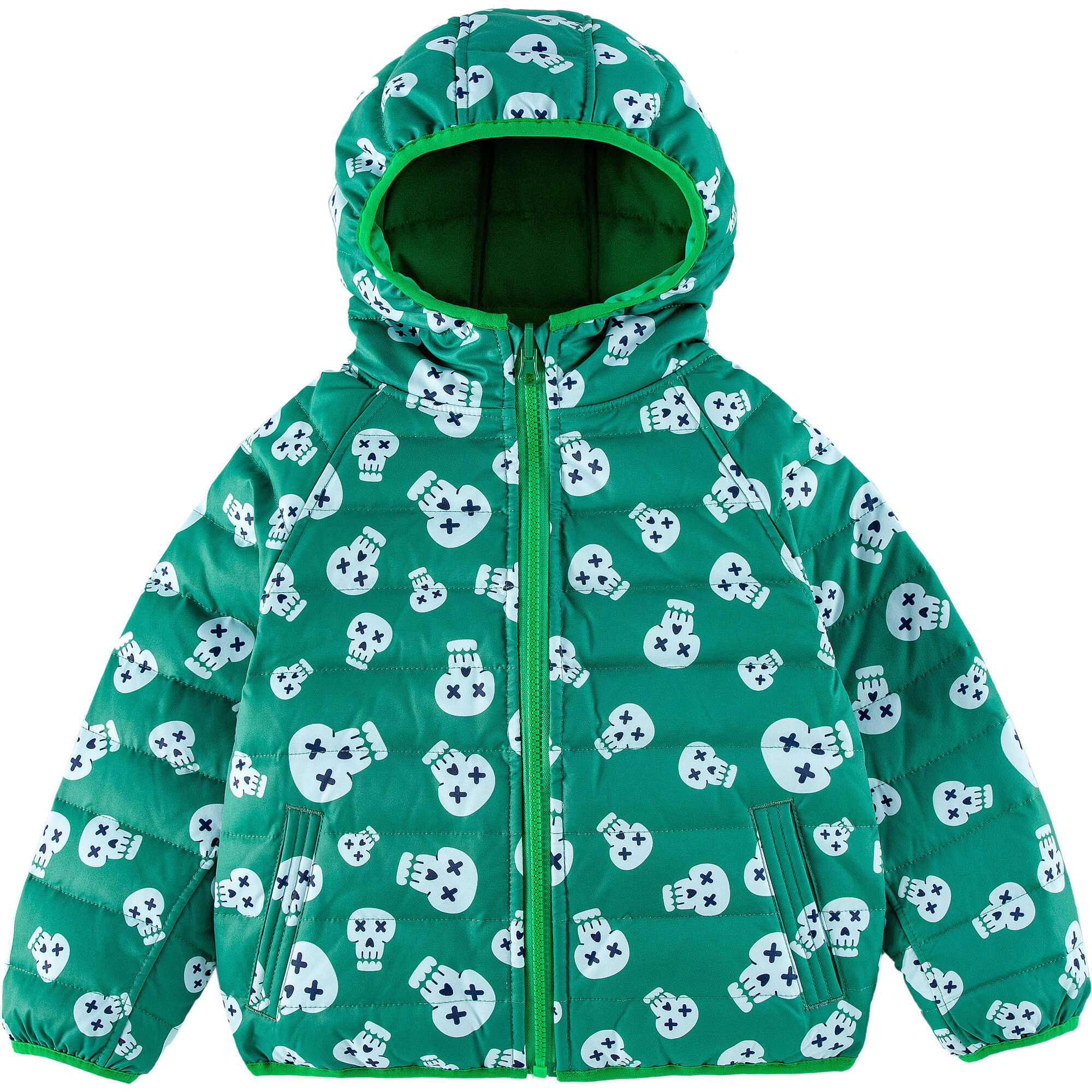 Ryan Reversible Puffer Hood Zipper Down Jacket, Green Skull - Puffers & Down Jackets - 1