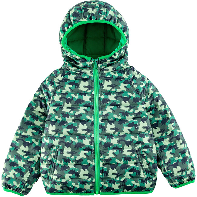 Ryan Reversible Puffer Hood Zipper Down Jacket, Dinosaur Camo