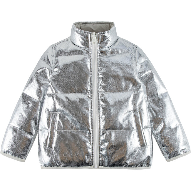 Jo High Neck Puffer 2-Pocket Zipper Down Jacket, Silver Metallic