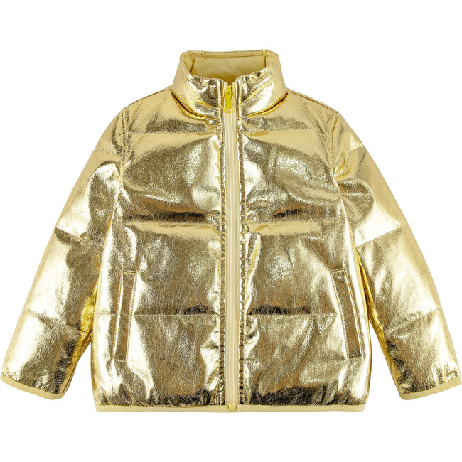 Jo High Neck Puffer 2-Pocket Zipper Down Jacket, Gold Metallic