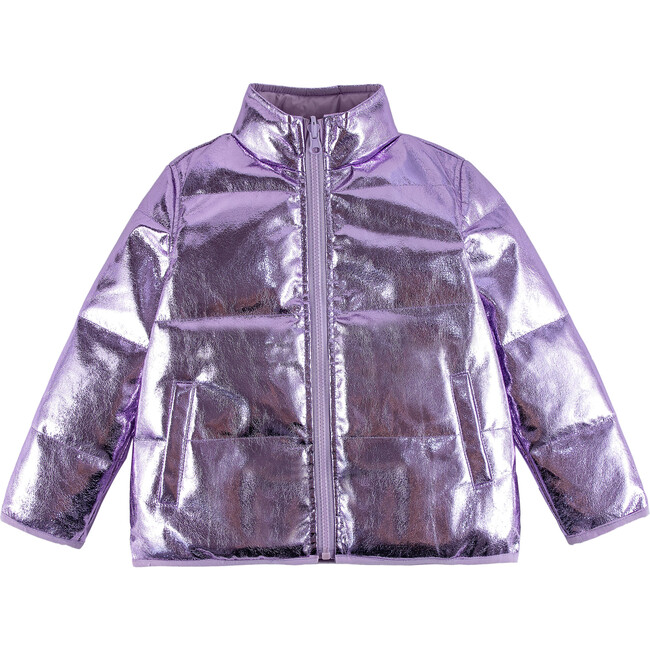 Jo High Neck Puffer 2-Pocket Zipper Down Jacket, Purple Metallic