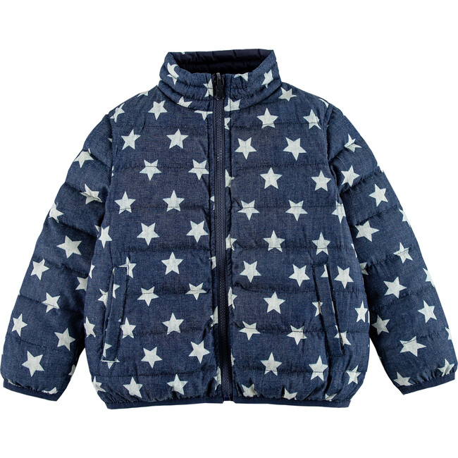 Jo High Neck Puffer 2-Pocket Zipper Down Jacket, Denim Stars