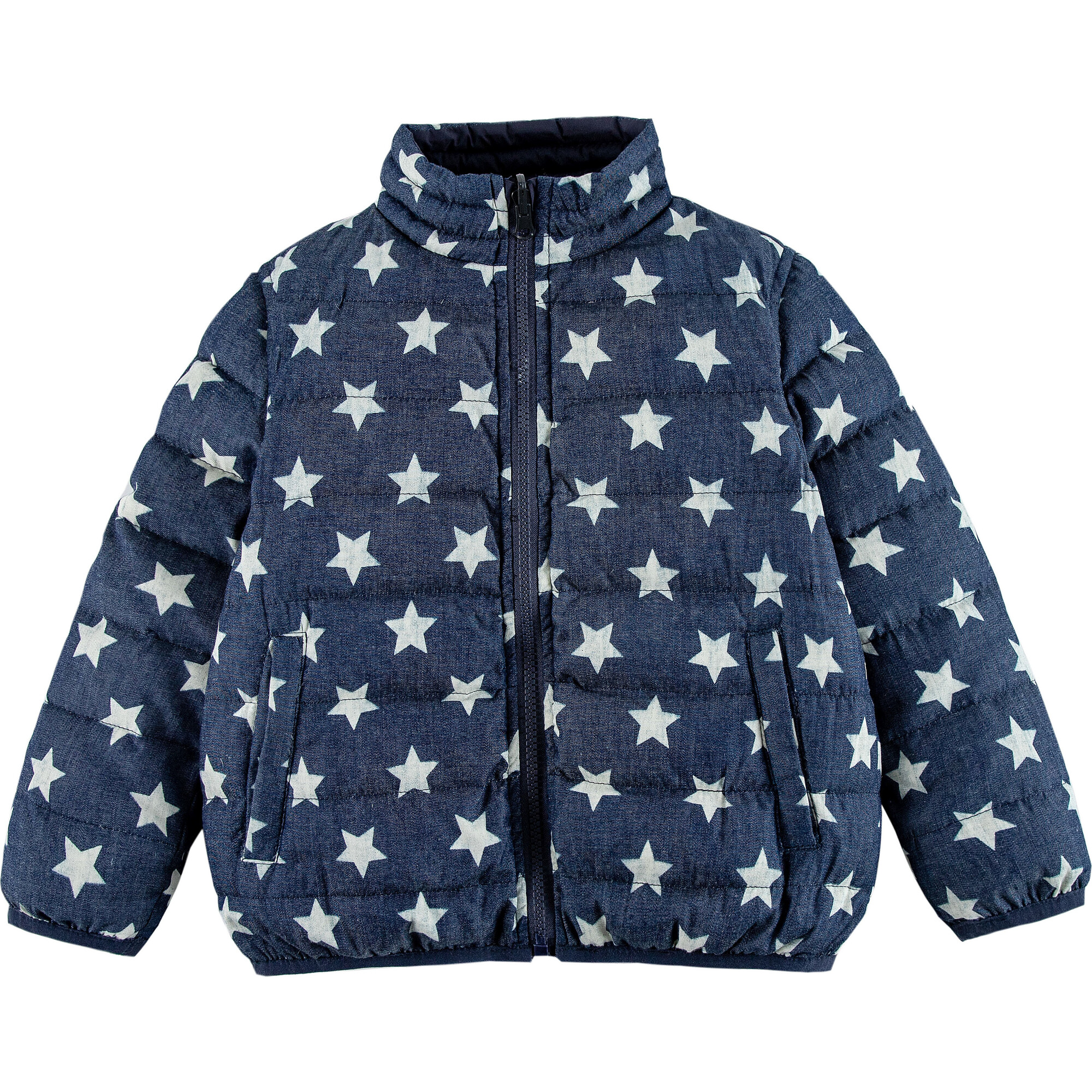 Jo High Neck Puffer 2-Pocket Zipper Down Jacket, Denim Stars - Puffers & Down Jackets - 1