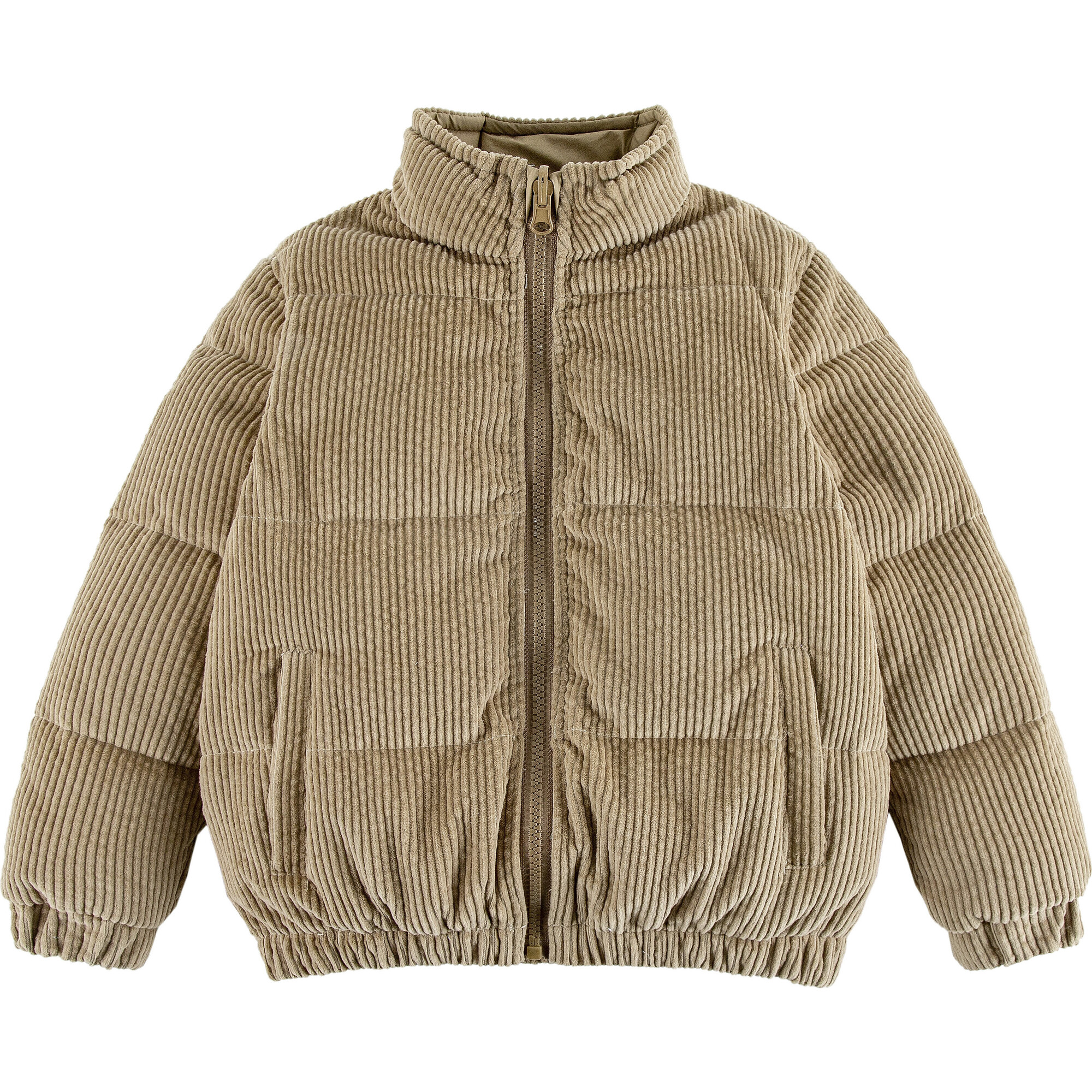 Jo High Neck Puffer 2-Pocket Zipper Down Jacket, Brown Corduroy - Puffers & Down Jackets - 1