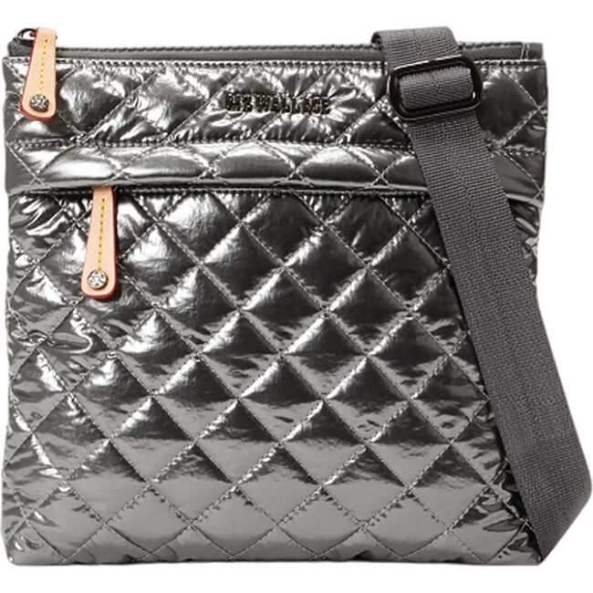 Women's Metro Flat Adjustable Crossbody Strap Exterior Pocket Bag, Pewter Metallic - Bags - 1