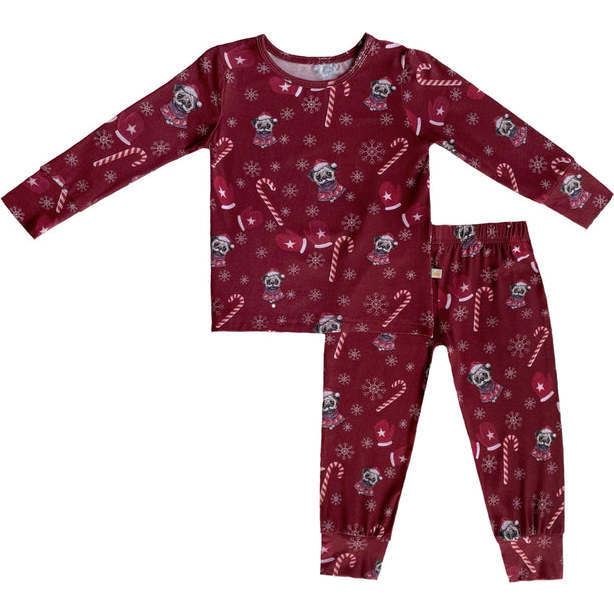 Puppy Candy Cane Snow Winter Christmas Holiday Pajama Set, Burgundy