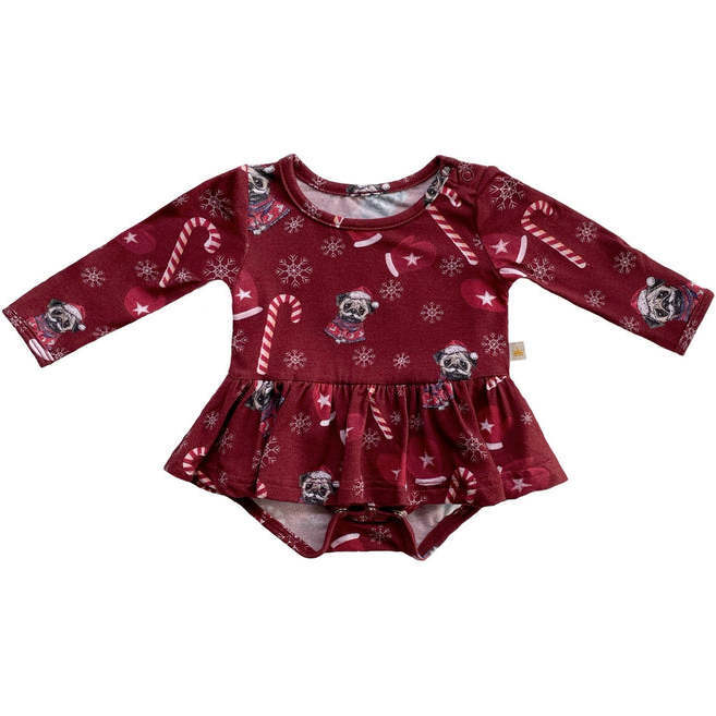 Puppy Candy Cane Snow Winter Christmas Holiday Baby Dress, Burgundy - Dresses - 1