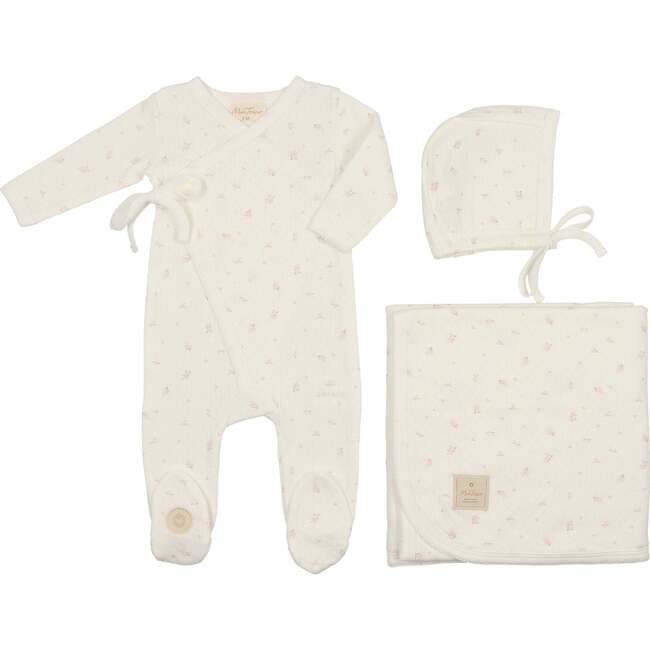 Leaf Print Wrap Layette Set Ivory & Pink