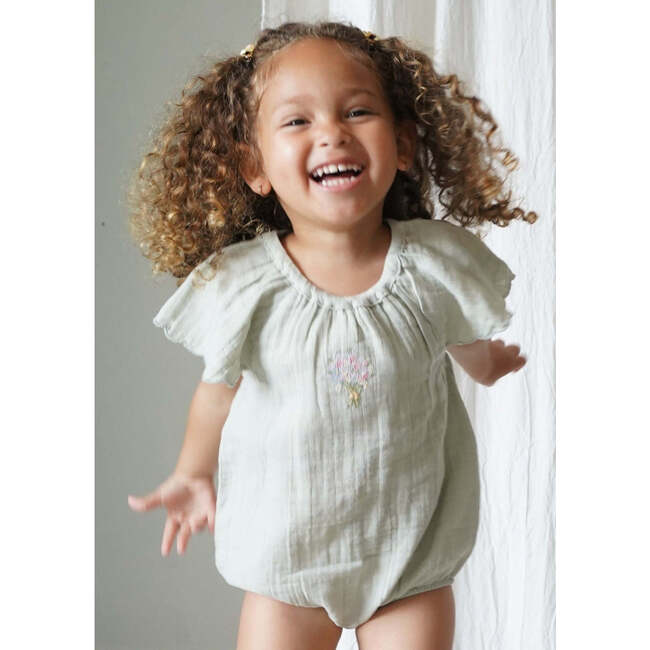 Liva Muslin Cotton Ruffle Embroidered Romper Sage - Rompers - 2