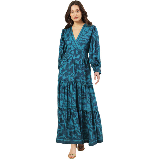 Women's Sloan V-Neck Smoked Cuff Long Sleeve Maxi Caftan Dress, Cierra Bayou