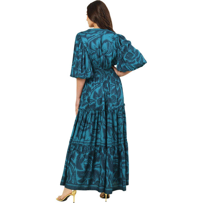 Women's Sloan V-Neck Smoked Cuff Long Sleeve Maxi Caftan Dress, Cierra Bayou - Dresses - 2