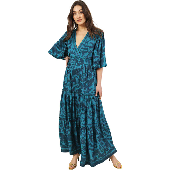 Women's Sloan V-Neck Smoked Cuff Long Sleeve Maxi Caftan Dress, Cierra Bayou - Dresses - 4