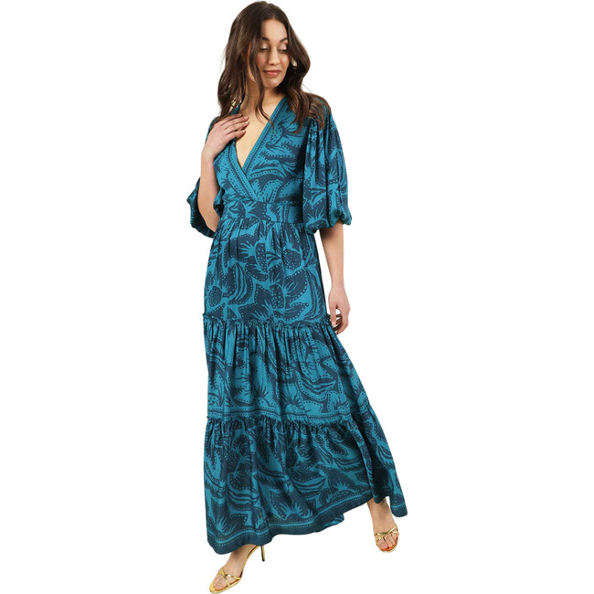 Women's Sloan V-Neck Smoked Cuff Long Sleeve Maxi Caftan Dress, Cierra Bayou - Dresses - 5