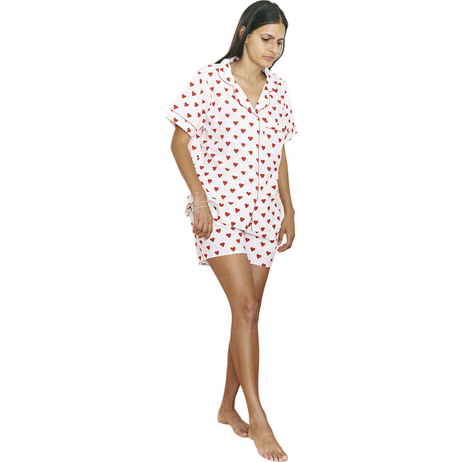 Women's Striped Short Sleeve Button-Up And Pull-On Shorts Pajama Set, Ruby Red