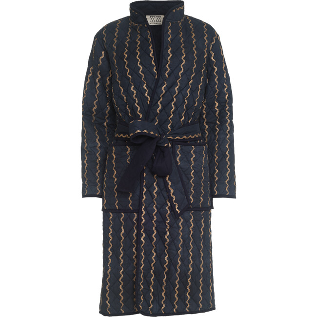 Women's Jiya Maggi Block Print Reversible Long Sleeve Waist Belt Quilted Coat, Navy