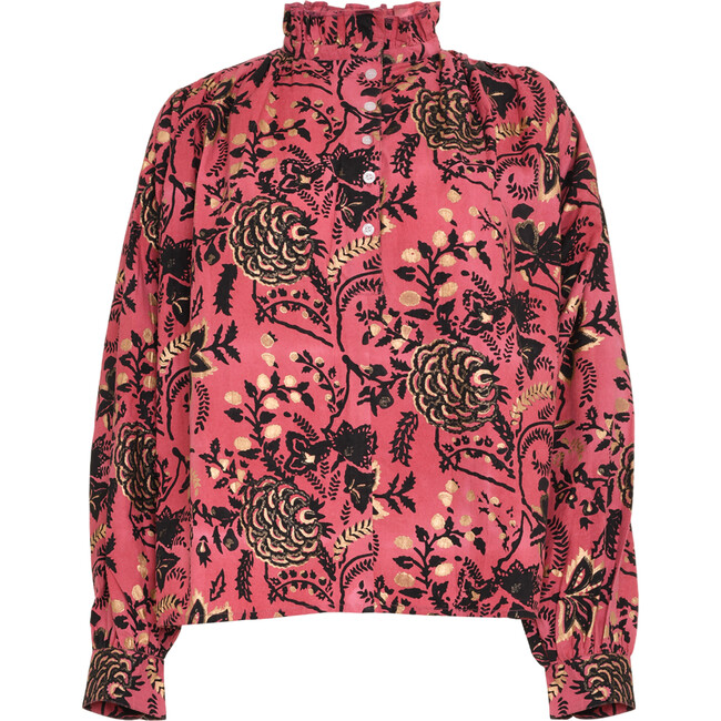 Women's Kali Floral Print Gathered Neck Billow Long Sleeve Oversized Top, Red