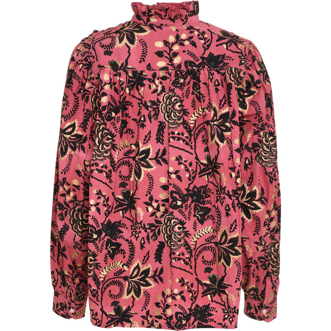 Women's Kali Floral Print Gathered Neck Billow Long Sleeve Oversized Top, Red - Blouses - 2