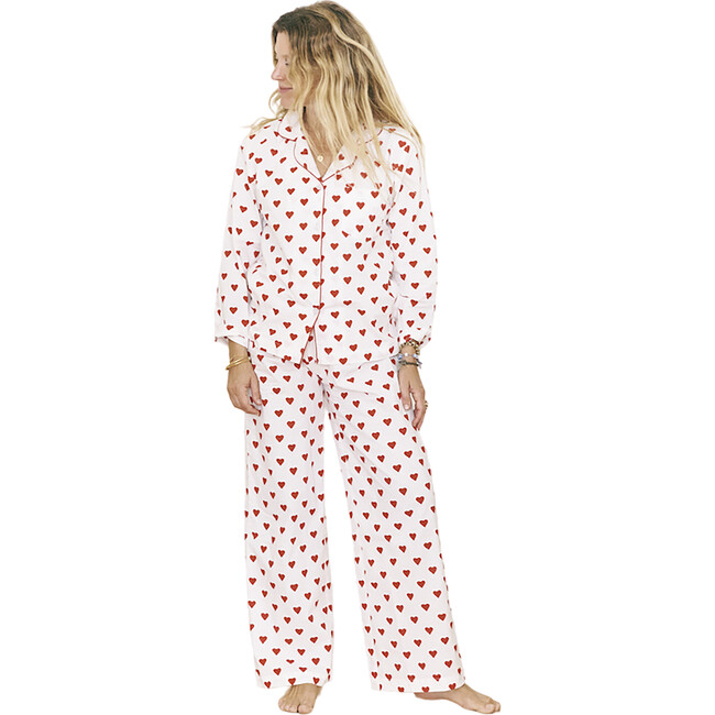 Women's Hearts Hand Block Print Long Sleeve And Pull-On Pant Pajama Set, Ruby Red