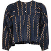 Women's Eva Maggi Block Print Round Neck Long Sleeve Popover Top, Blue - Blouses - 1 - thumbnail