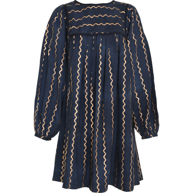 Women's Darjeeling Maggi Block Print Round Neck Long Puff Sleeve Mini-Length Dress, Blue