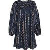 Women's Darjeeling Maggi Block Print Round Neck Long Puff Sleeve Mini-Length Dress, Blue - Dresses - 1 - thumbnail