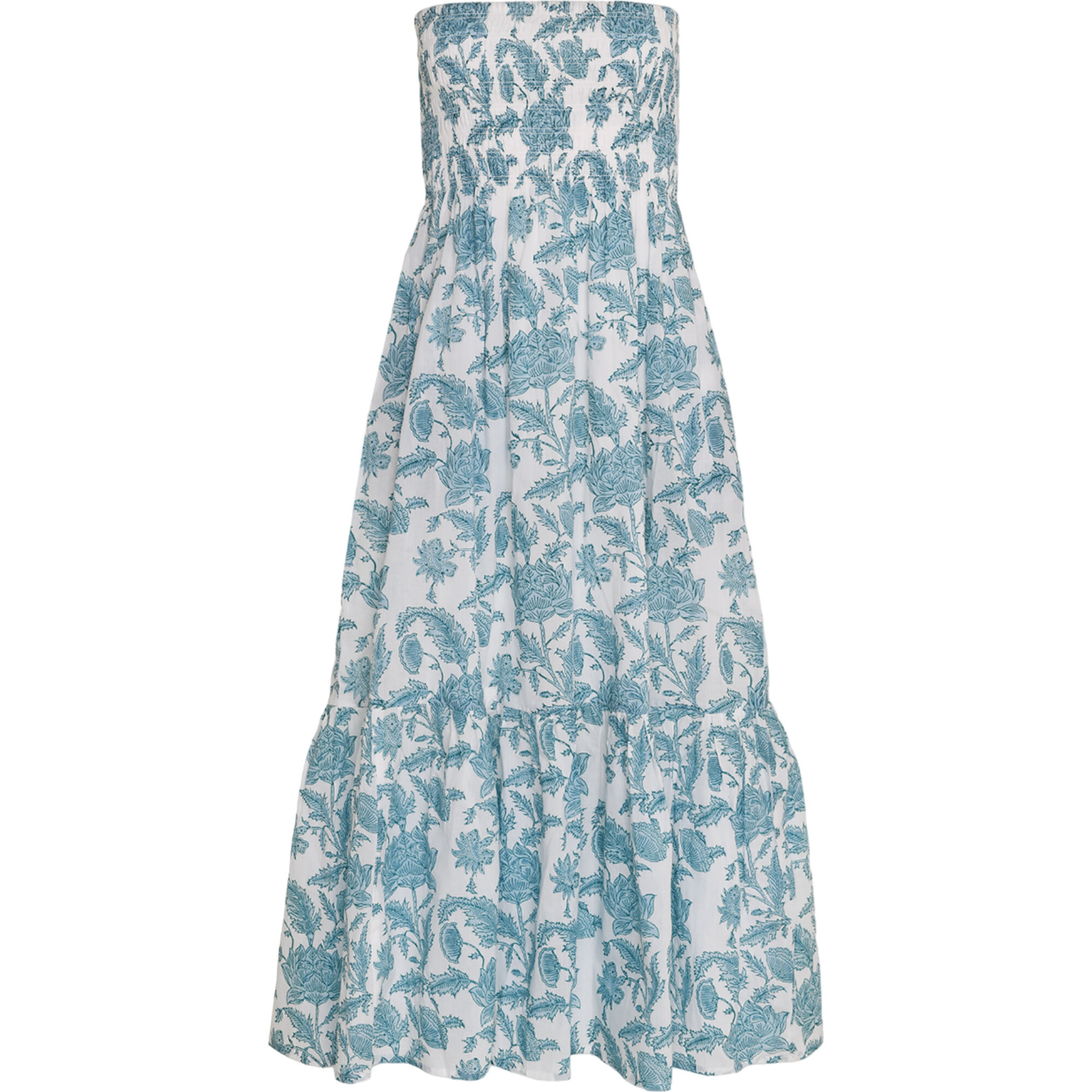 Women's Mira Isla Block Print Poplin Smocked Chest Sleeveless Tiered Skirt Dress, Blue - Dresses - 1