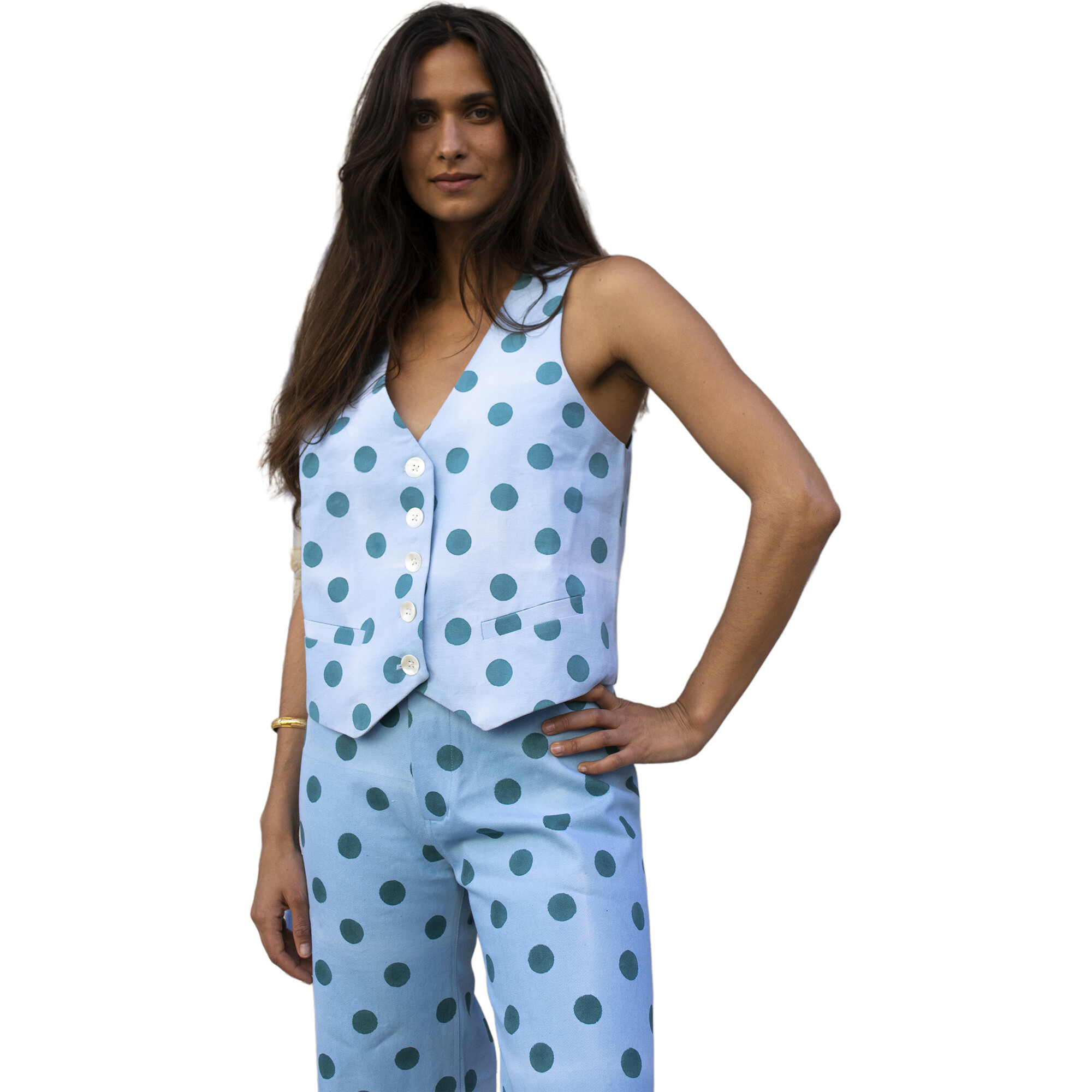 Women's Polka Dots Print V-Neck Sleeveless Tailored Slim-Fit Vest, Blue - Vests - 1