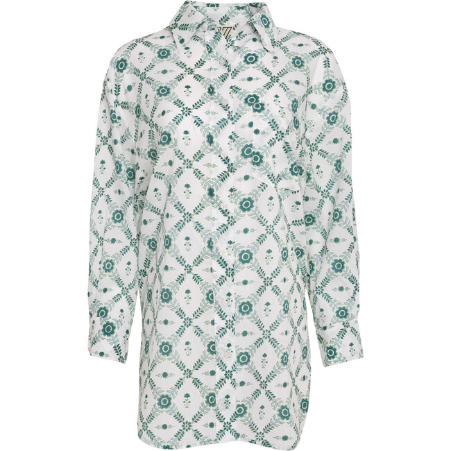 Women's Chakli Block Print Long Sleeve Oversized Button-Down Cover-Up, Green