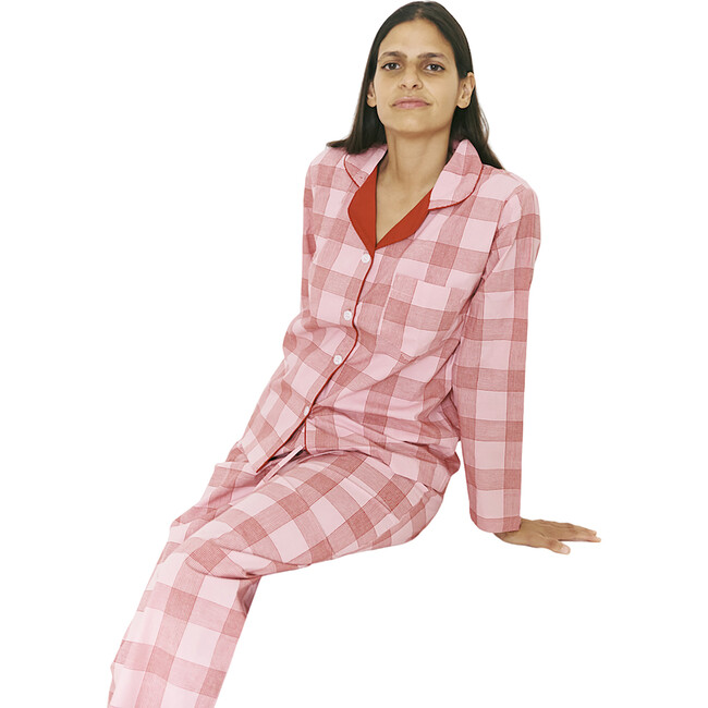 Women's Checkered Hand Block Print Long Sleeve And Pull-On Pant Pajama Set, Flamingo & Red