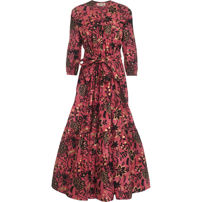 Women's Aaron Floral Print Round Neck Long Puff Sleeve Frock Dress, Red