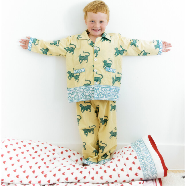 Kids Tiger Hand Block Print Long Sleeve Wide-Leg Pajama Set, Butter