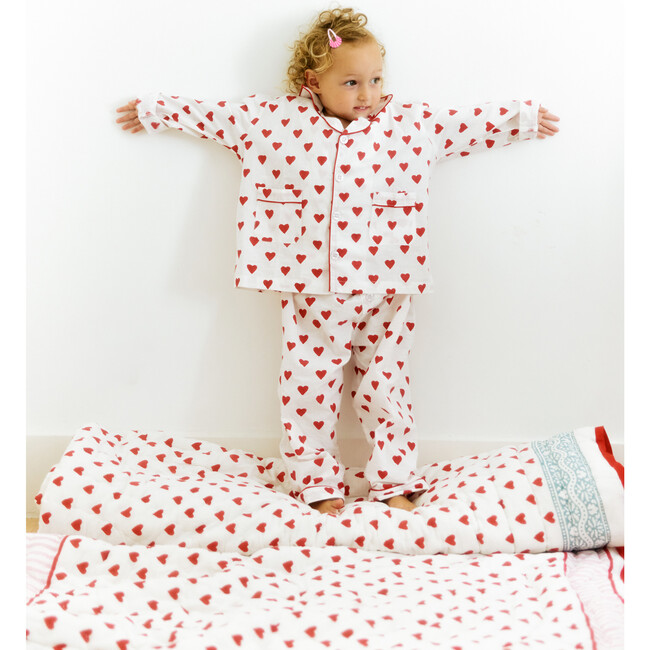 Kids Hearts Hand Block Print Long Sleeve Wide-Leg Pajama Set, Ruby Red