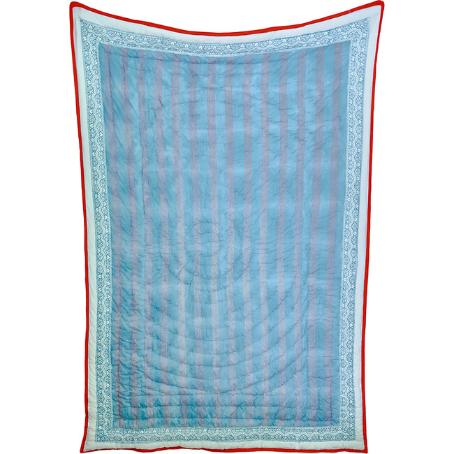 Kids Hand Block Print Quilted Blanket, Dusty Blue & Ruby Red