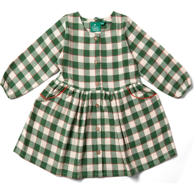 Comfy Checkered Drop Waist Button-Down Front Pockets Dress, Fern Green