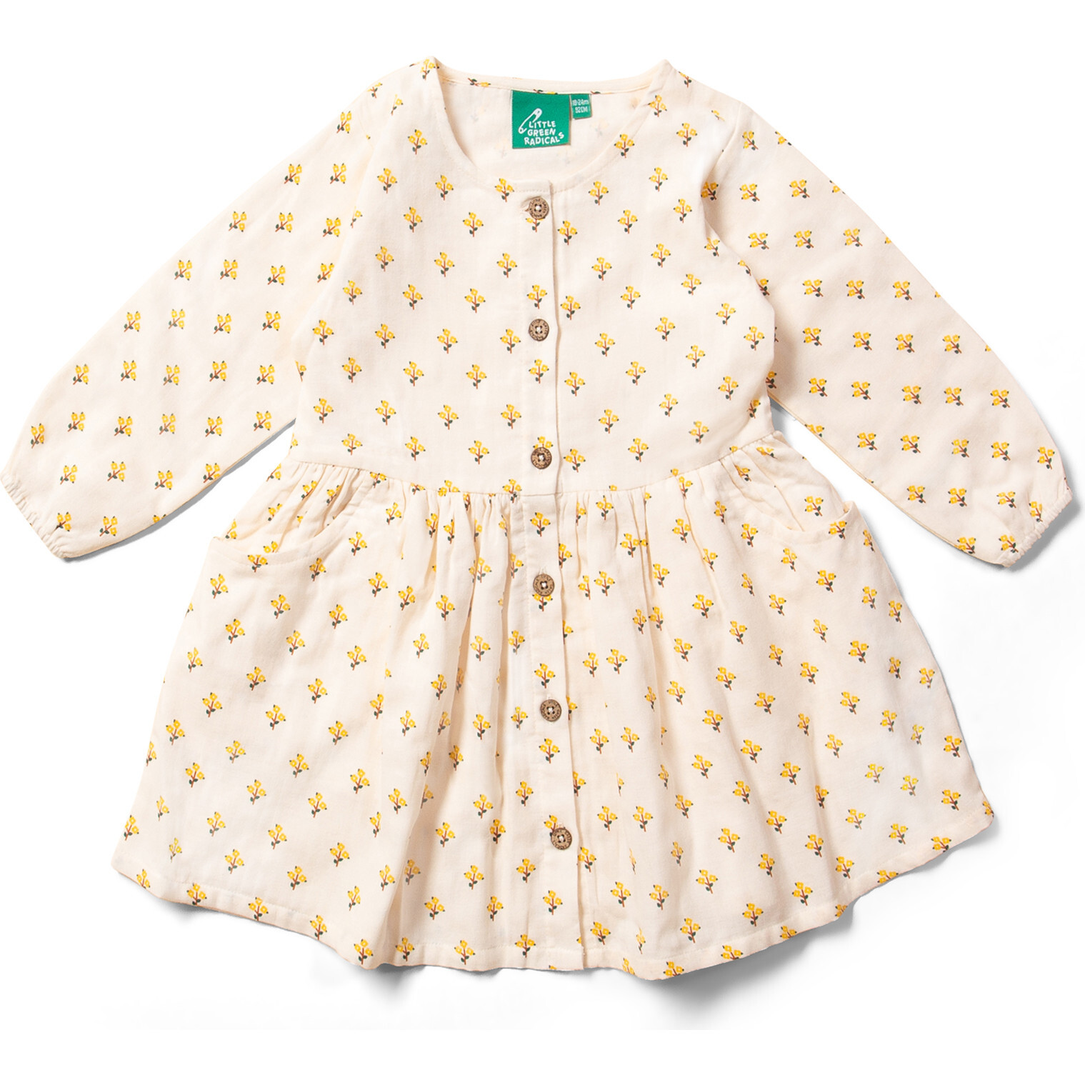 Comfy Drop Waist Button-Down Front Pockets Dress, Golden Flowers - Dresses - 1
