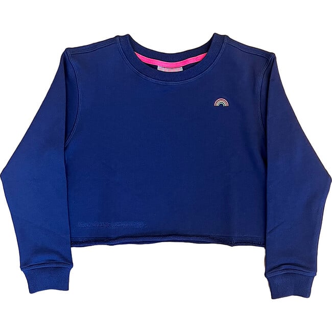 Girls Raw Hem Crew Neck Long Sleeve Crop Sweatshirts, Navy