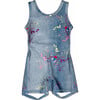 Girls Thick Straps Mid Back Cut Out Leotard, Denim Splatter - Leotard - 1 - thumbnail