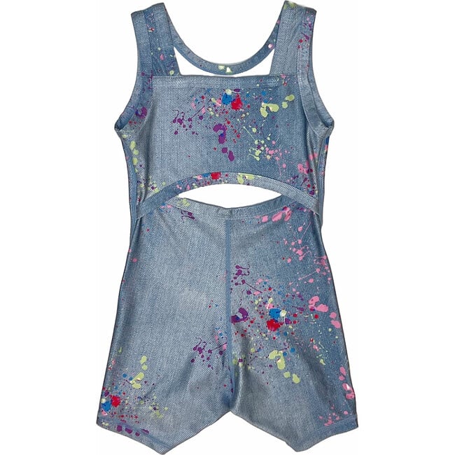 Girls Thick Straps Mid Back Cut Out Leotard, Denim Splatter - Leotard - 2