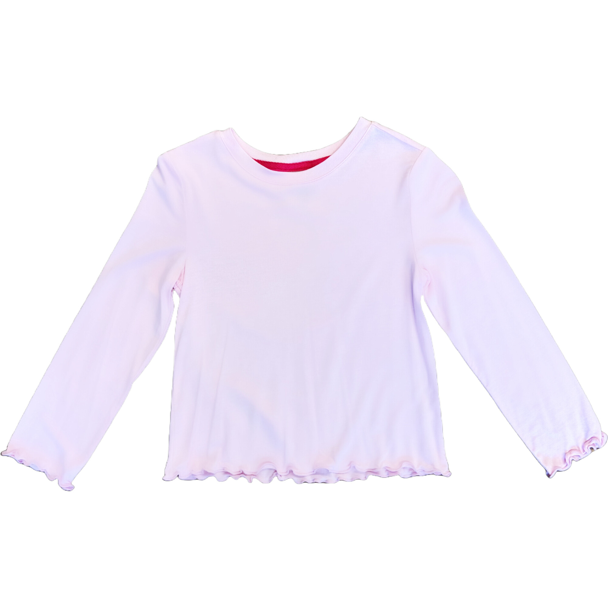 Girls Lettuce Edge Crew Neck Long Sleeve T-Shirt, Rose - T-Shirts - 1