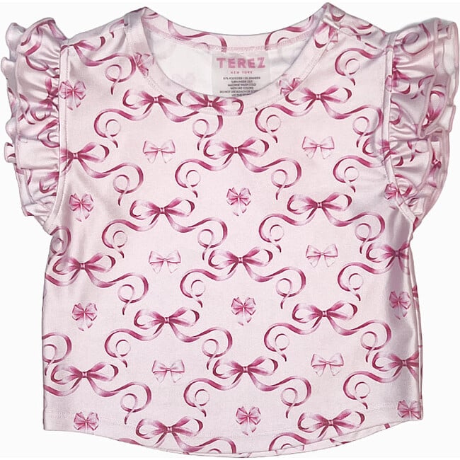 Girls Hi-Shine Ruffle Short Sleeve Crop Top, Pink Bows