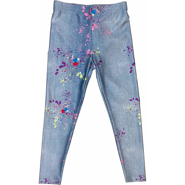 Girls Hi-Shine Mid Rise Slim Band Leggings, Denim Splatter