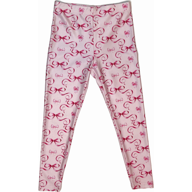 Girls Hi-Shine Mid Rise Slim Band Leggings, Pink Bows