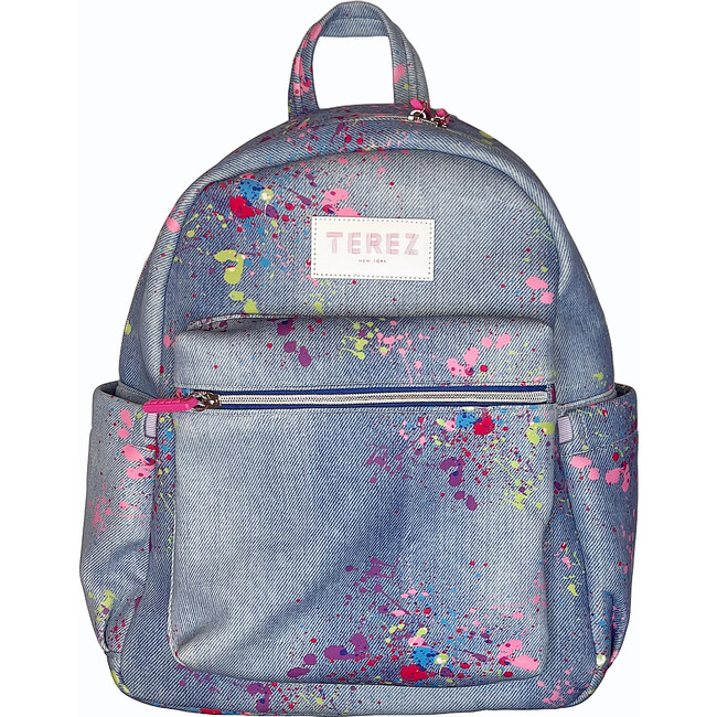 Girls Adjustable Shoulder Strap Zipper Backpack, Denim Splatter