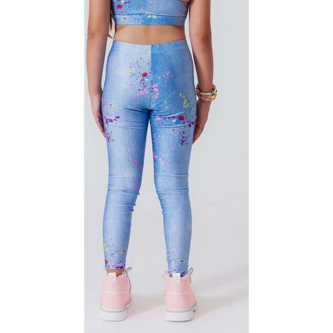 Girls Hi-Shine Mid Rise Slim Band Leggings, Denim Splatter - Leggings - 3