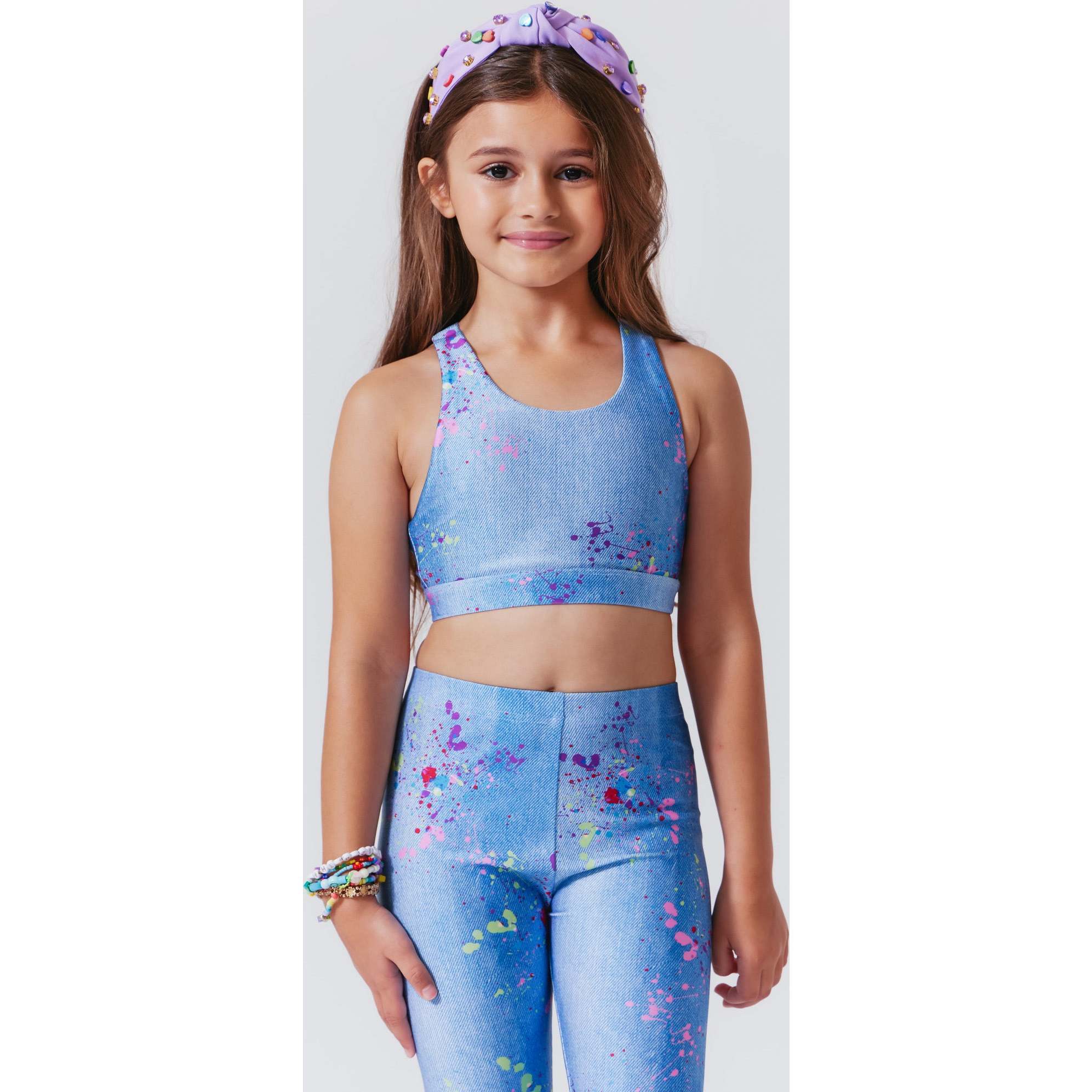 Girls Hi-Shine Scoop Neck Racer Back Sports Bra, Denim Splatter - Bras - 1