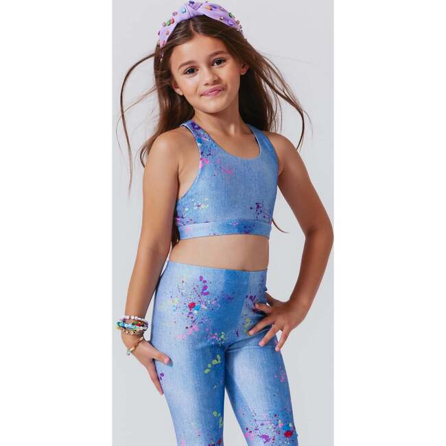 Girls Hi-Shine Scoop Neck Racer Back Sports Bra, Denim Splatter - Bras - 2