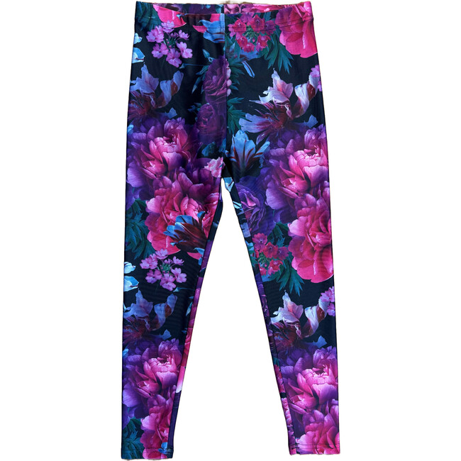 Girls Hi-Shine Mid Rise Slim Band Leggings, Floral Noir