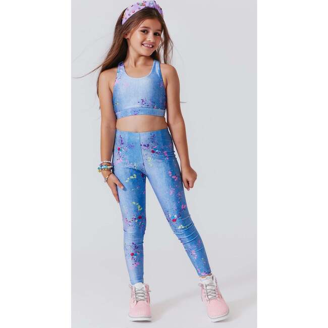 Girls Hi-Shine Scoop Neck Racer Back Sports Bra, Denim Splatter - Bras - 4