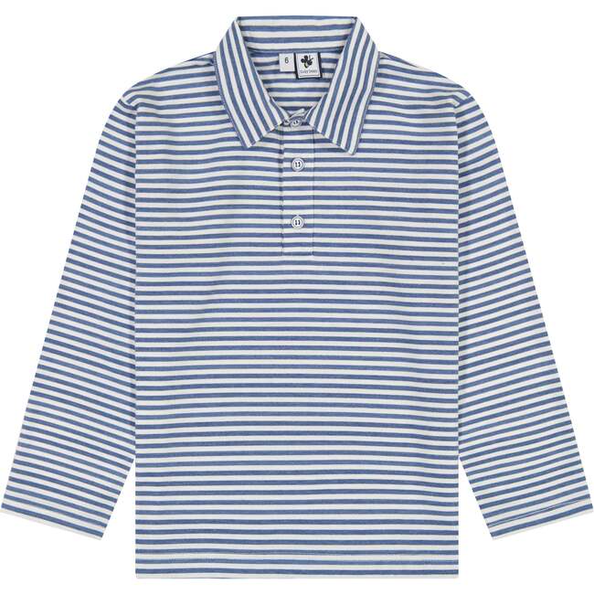 Boy's Striped Long Sleeve Polo Shirt, Blue - Polo Shirts - 1